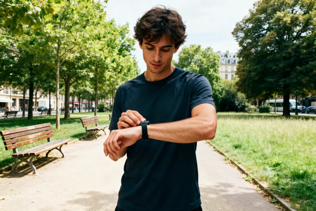Homme vérifiant sa montre connectée pour connaître sa fréquence cardiaque dans un parc