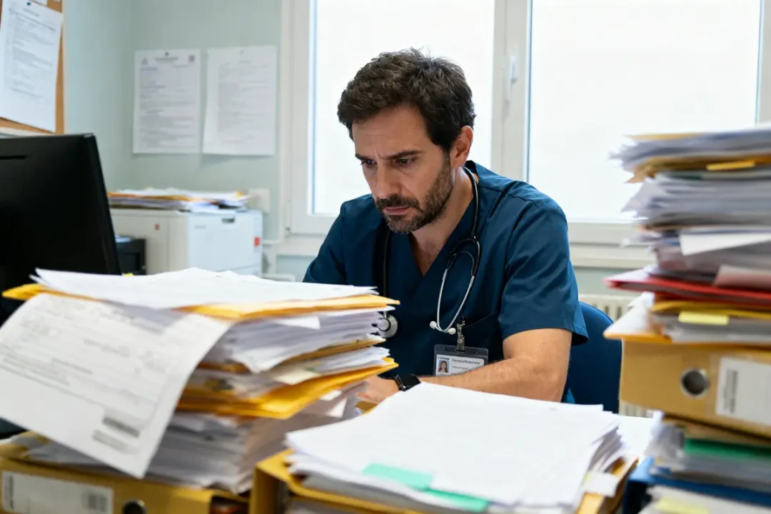 Médecin préoccupé par une rechute pendant un mi-temps thérapeutique dans son bureau surchargé