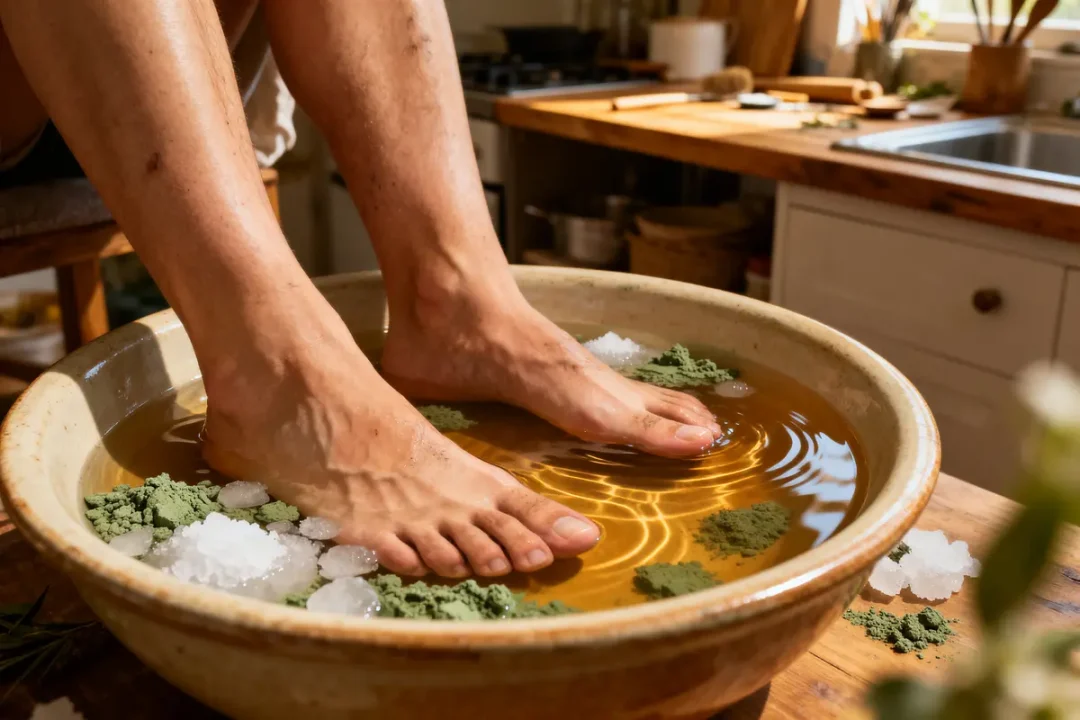 Bain de pieds avec plantes, remède de grand-mère pour les pieds gonflés et douloureux