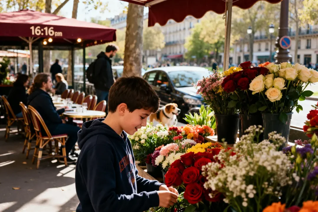 Garçon choisissant des fleurs devant un café parisien sous l'heure 16h16 signification de 16h16