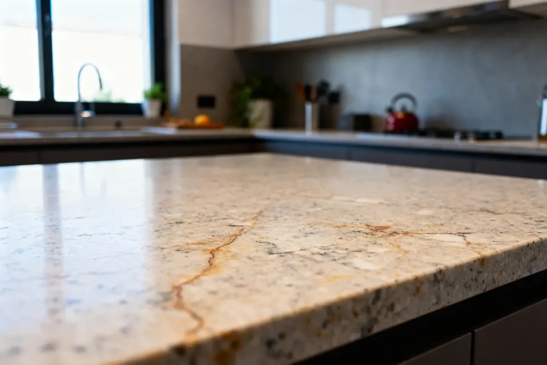 Plan de travail de cuisine moderne en matériau Dekton avec finition lisse et veinée