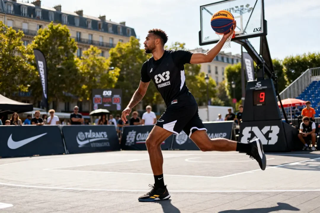 Joueur effectuant un lay-up extérieur pour un triple-double au basket en tournoi 3x3
