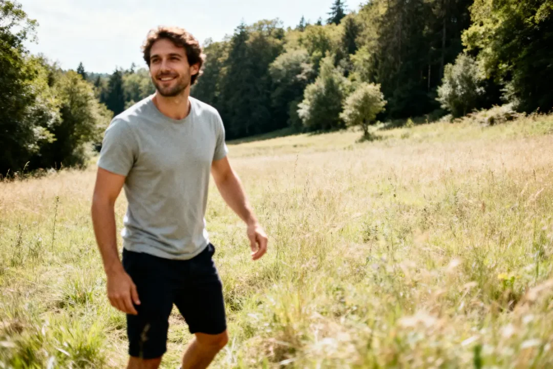 Homme souriant en t-shirt gris marche dans la nature en utilisant virilblue
