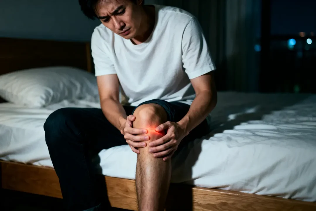 Homme souffrant de douleur au genou au repos la nuit sur un lit