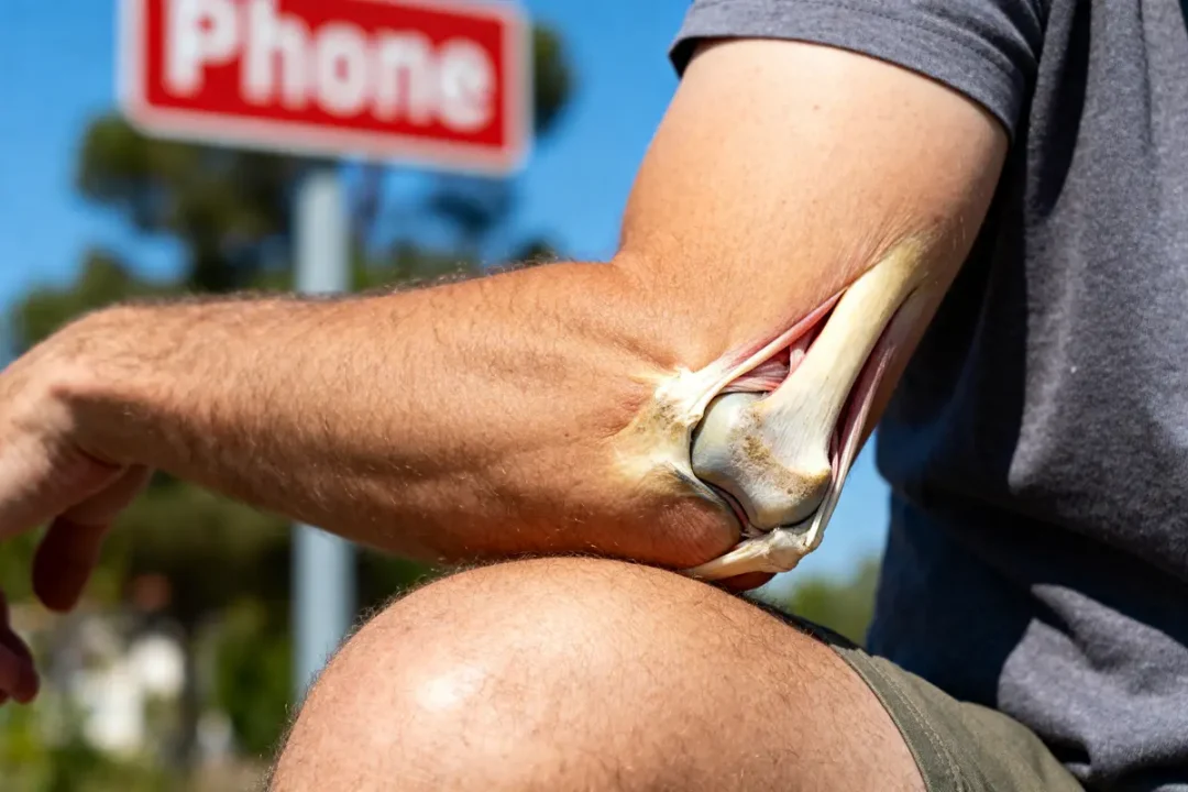 Vue anatomique illustrant le ligament du coude sur un bras fléchi en extérieur