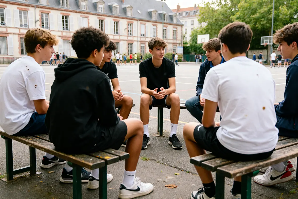 Un groupe d'adolescents discute dehors des motifs valables pour une dispense de sport