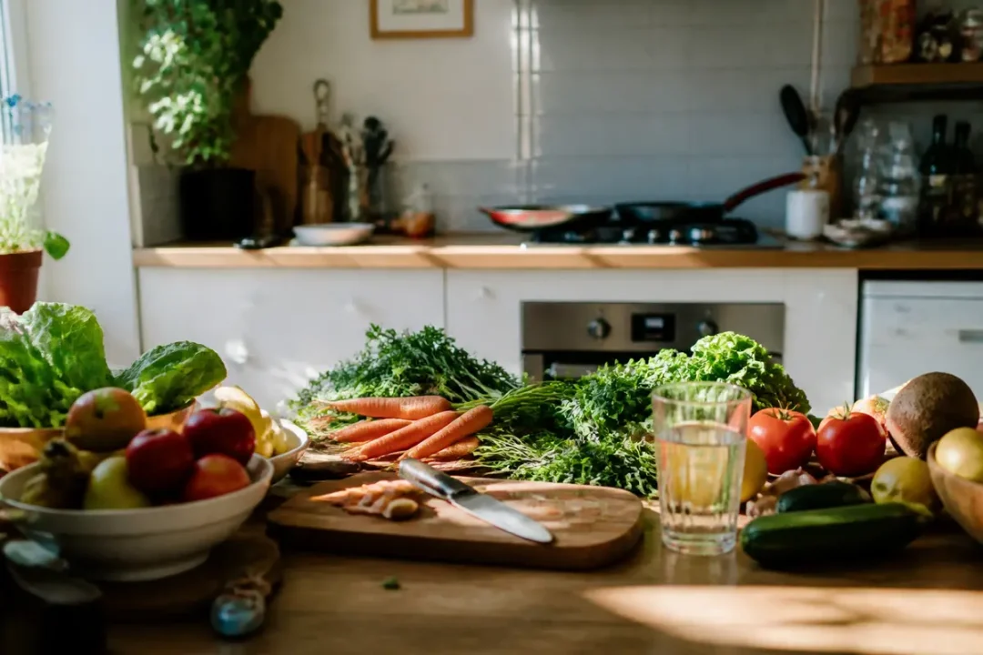 Cuisine lumineuse avec divers fruits, légumes frais sur un plan de travail en bois, verre d'eau citronnée.