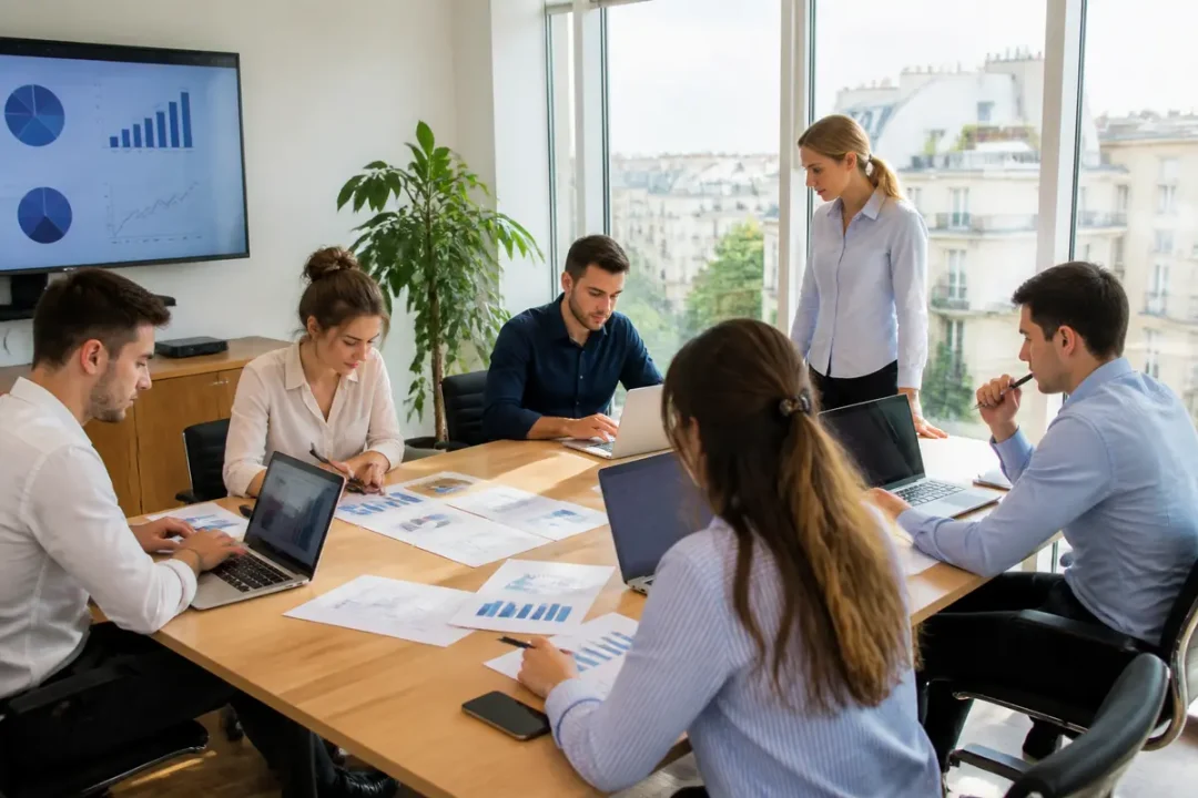 Un groupe de personnes en réunion, discutant autour d'une table avec des graphiques et ordinateurs.