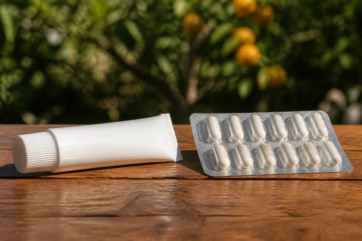 Tube de crème blanche et blister de médicaments sur table en bois, fond flou végétation.