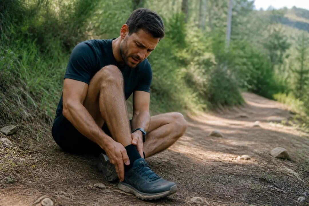 Homme assis dans un chemin forestier, tenant sa cheville avec une expression de douleur.