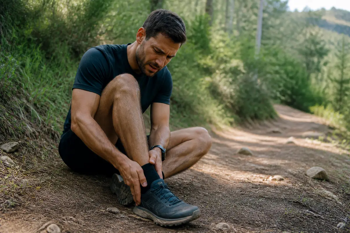 Homme assis dans un chemin forestier, tenant sa cheville avec une expression de douleur.