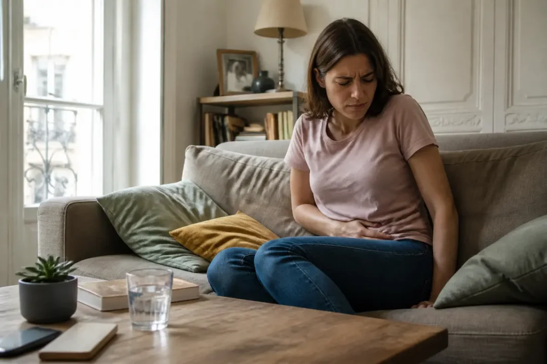 Femme assise sur un canapé, main sur son ventre, semblant ressentir une douleur.