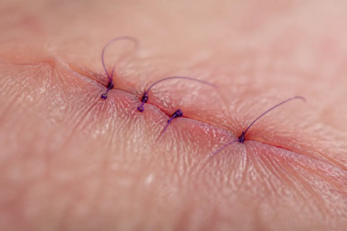 Gros plan d'une suture chirurgicale violette sur une peau humaine, avec trois points visibles.