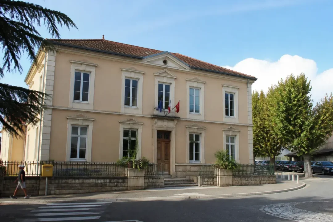 Bâtiment municipal ancien avec drapeaux, arbre, boîte aux lettres jaune, rue devant, ciel bleu en arrière-plan.