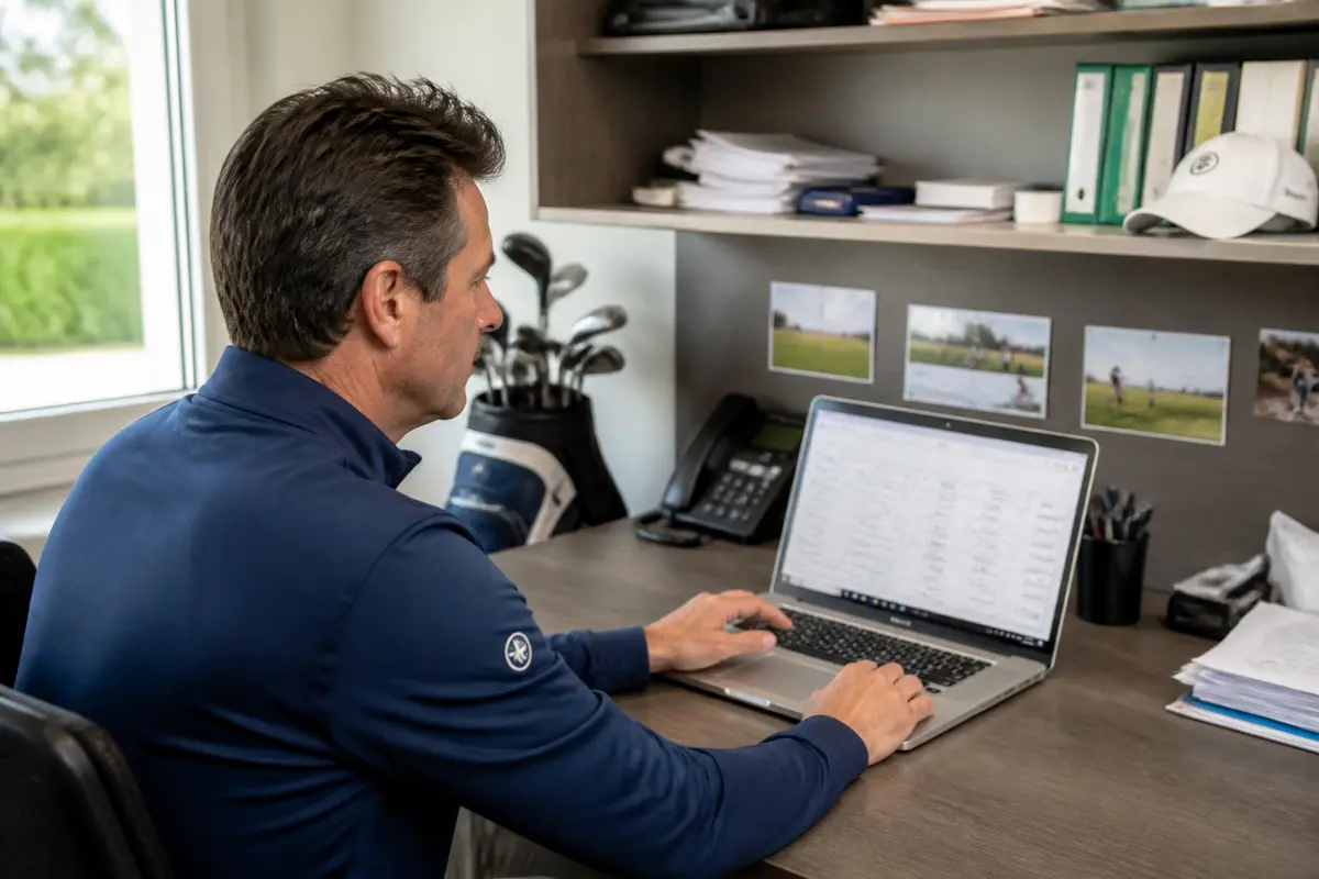 Un homme travaille sur un ordinateur portable dans un bureau avec un sac de golf et des étagères.