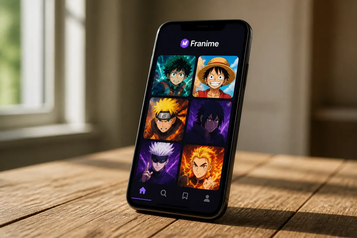 Téléphone avec application Franime affichant divers personnages d’anime populaires sur l'écran, posé sur une table en bois.