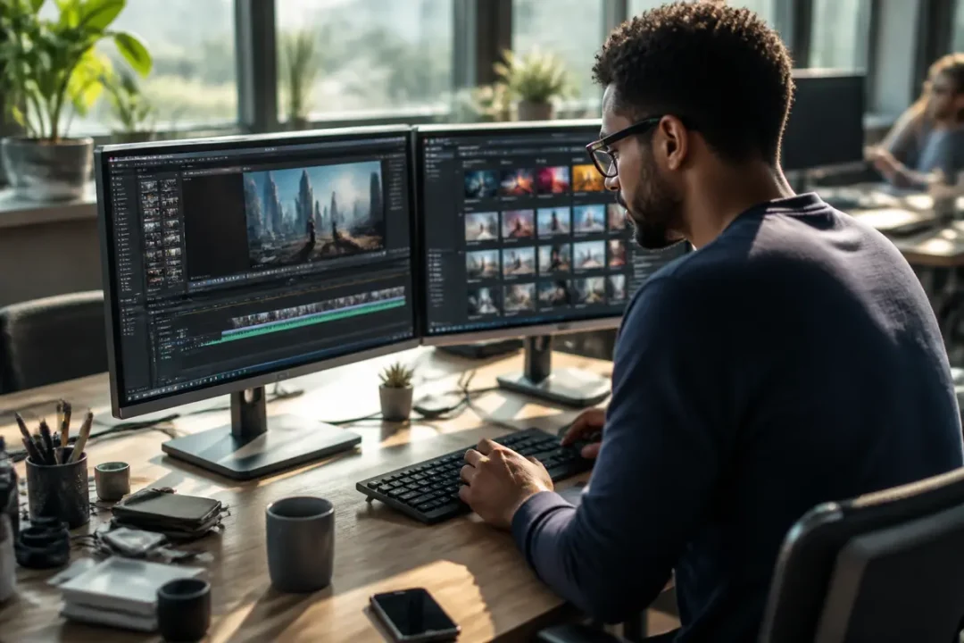 Homme travaillant sur montage vidéo, deux écrans, bureau, environnement lumineux, plantes vertes en arrière-plan.