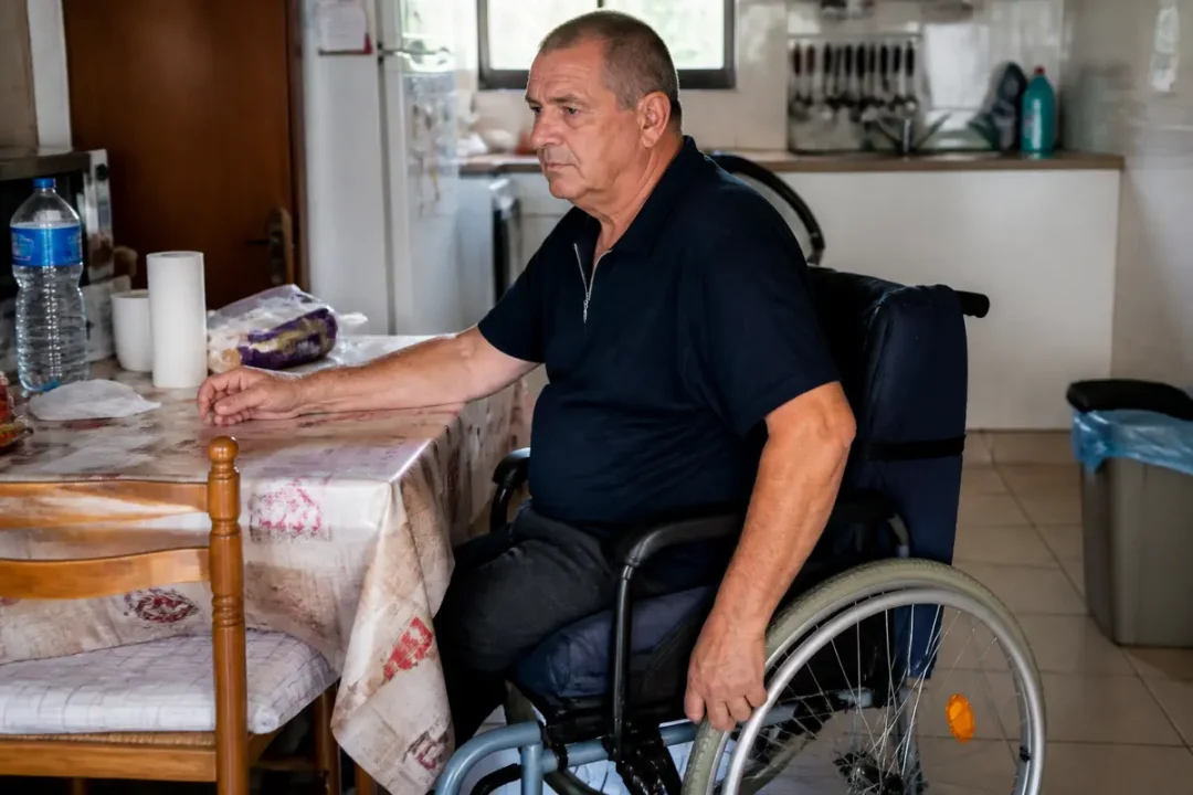 Homme assis en fauteuil roulant, bras sur table de cuisine, atmosphère domestique.