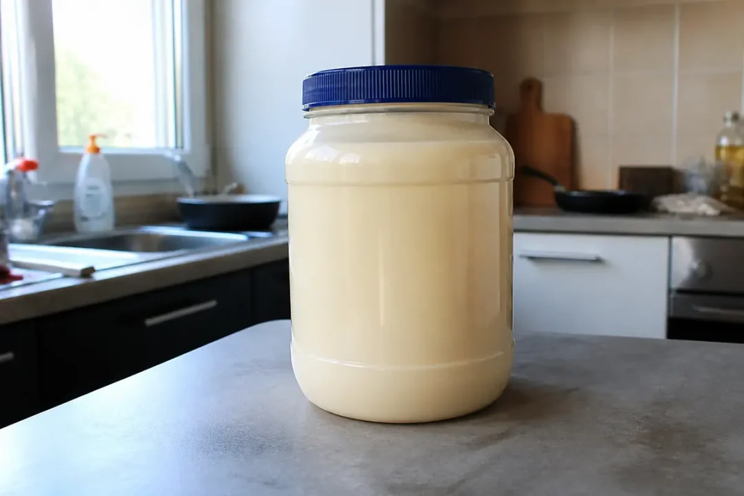 Bocal de graisse de bœuf sur une table de cuisine, lumière naturelle à gauche.