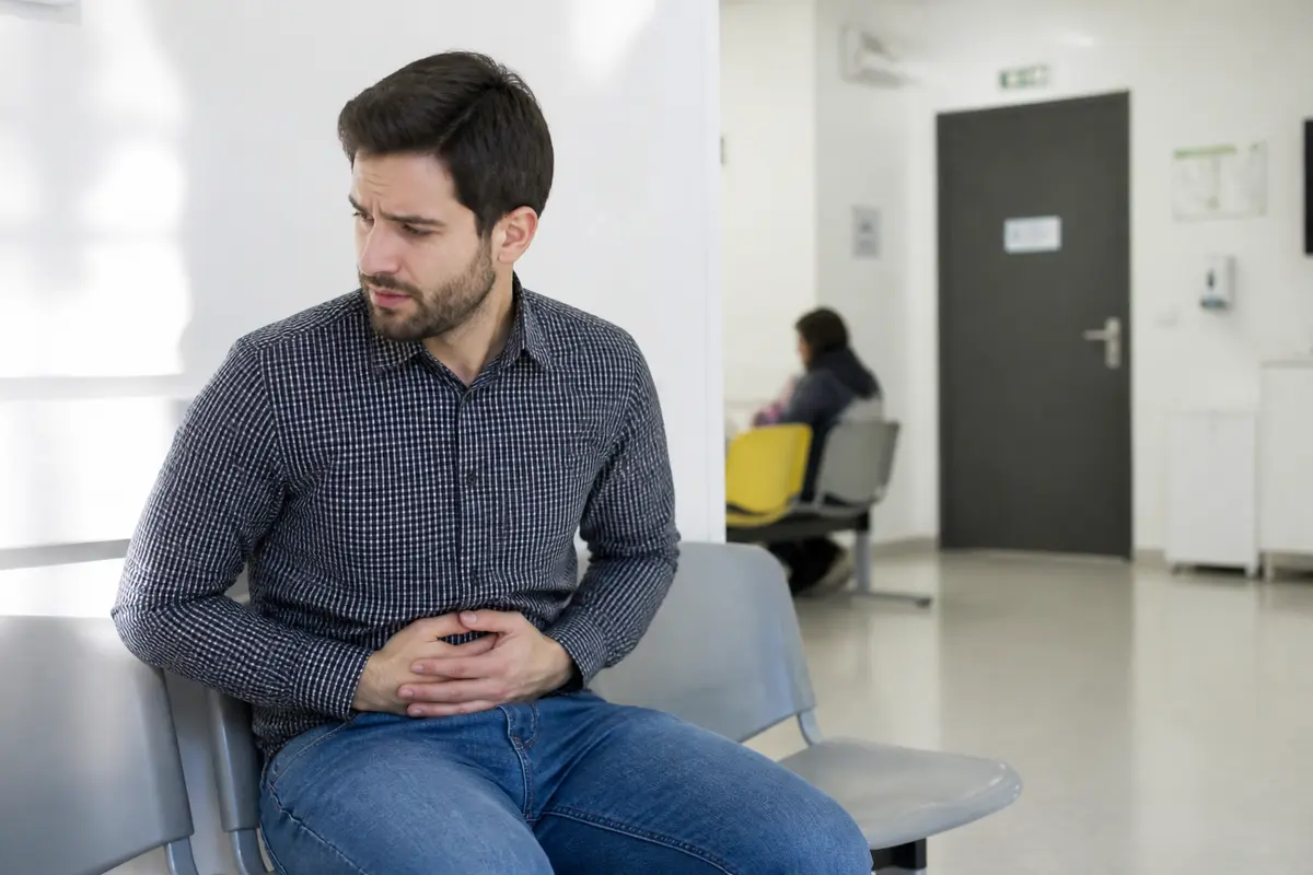 Un homme en salle d'attente, mains sur le ventre, souffrant, assis sur une chaise grise.