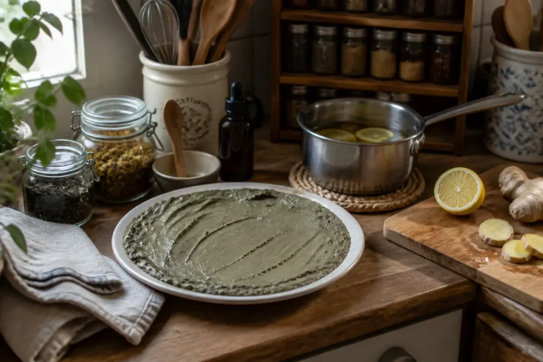 Assiette de pâte verte sur table de cuisine, citron, gingembre, bocaux et ustensiles en arrière-plan.