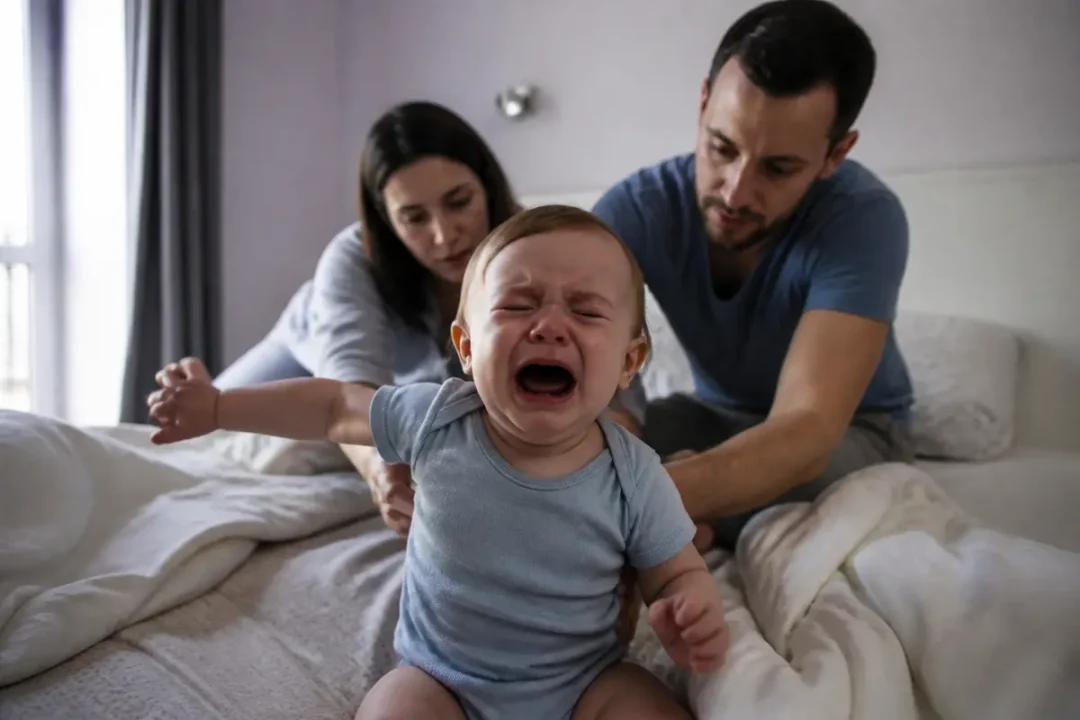 Un bébé pleure sur un lit avec ses parents en arrière-plan, visiblement inquiets.