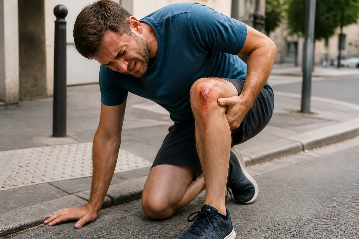 Homme blessé au genou après une chute dans la rue, exprimant douleur et souffrance.