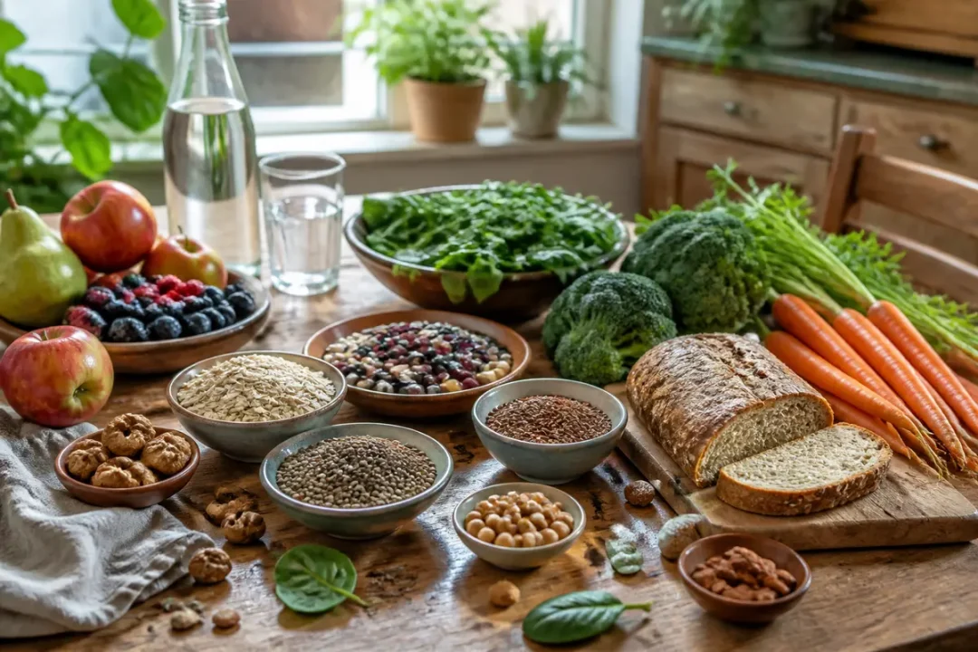 Fruits, légumes, graines et légumineuses sur table en bois. Aliments sains dans une cuisine lumineuse.