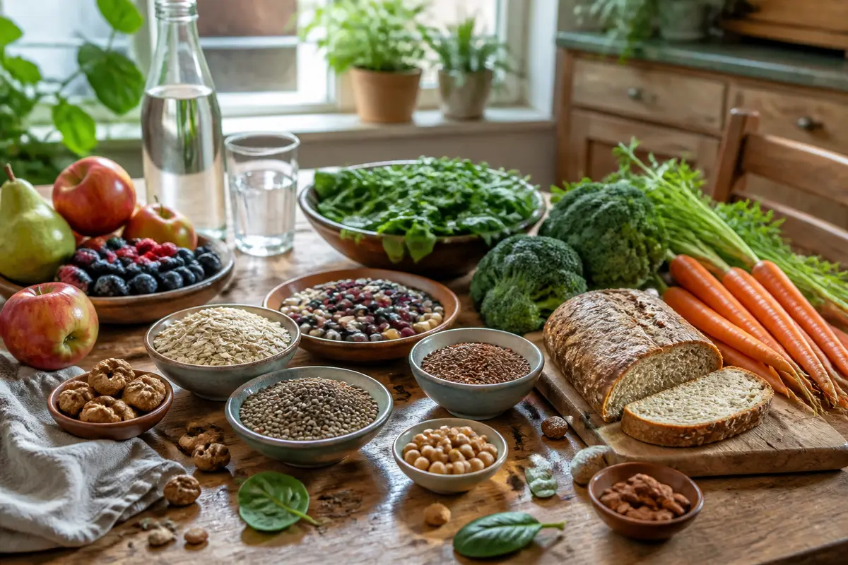 Fruits, légumes, graines et légumineuses sur table en bois. Aliments sains dans une cuisine lumineuse.
